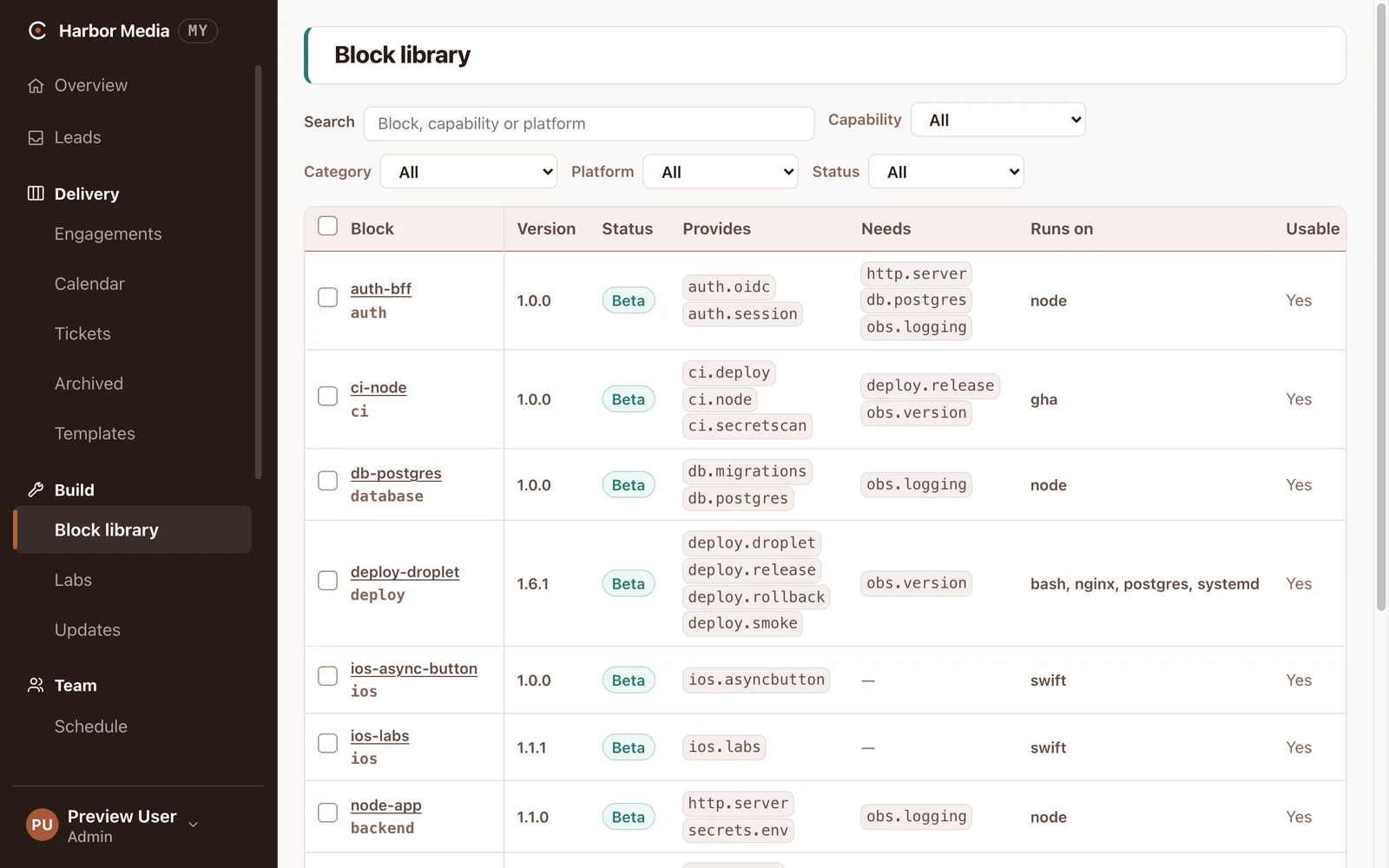 The Harbor Media dashboard's block library: each Harbor Forge building block with its version and status.