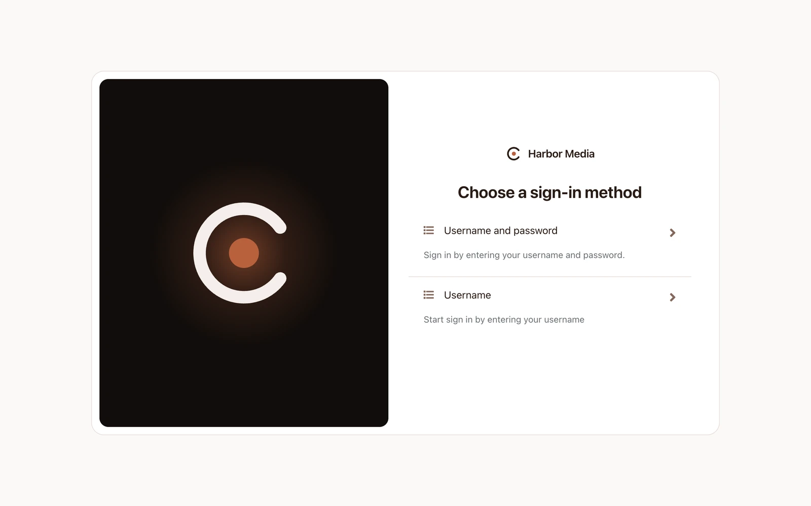 The sign-in server's "Choose a sign-in method" step, offering username and password, or username first.