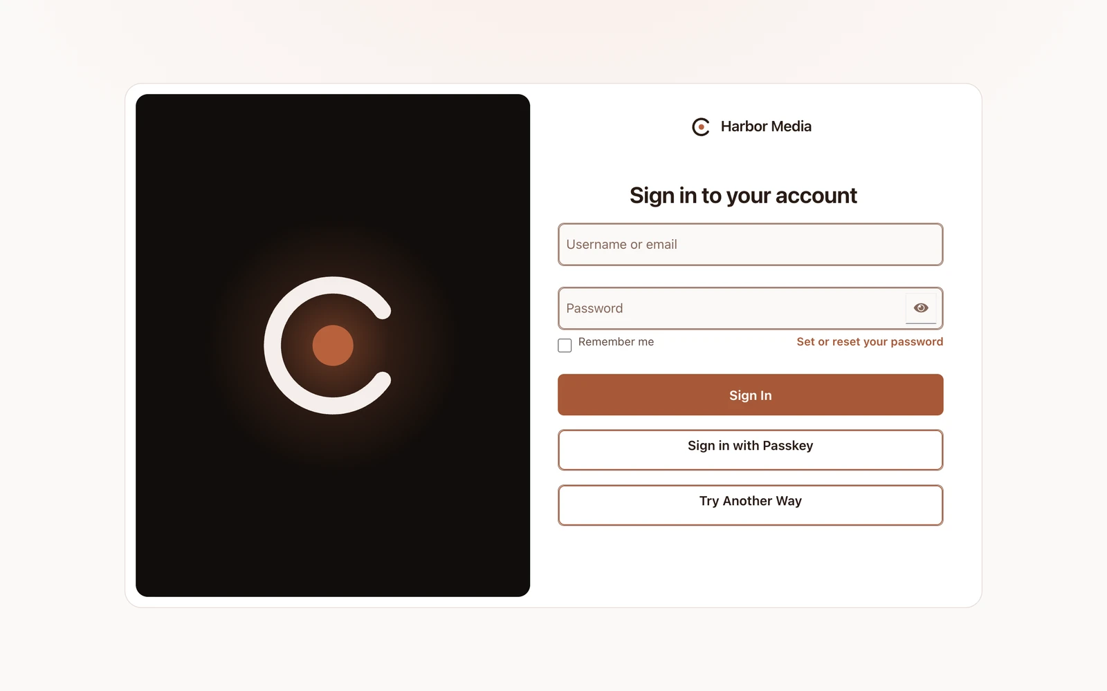 The Harbor Media sign-in page, with username, password, passkey and another-way options.