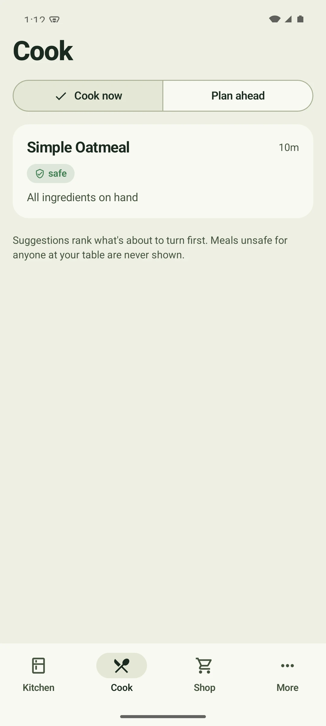 Kitchenry on Android: the Cook screen, suggesting a recipe that uses only ingredients already on hand.