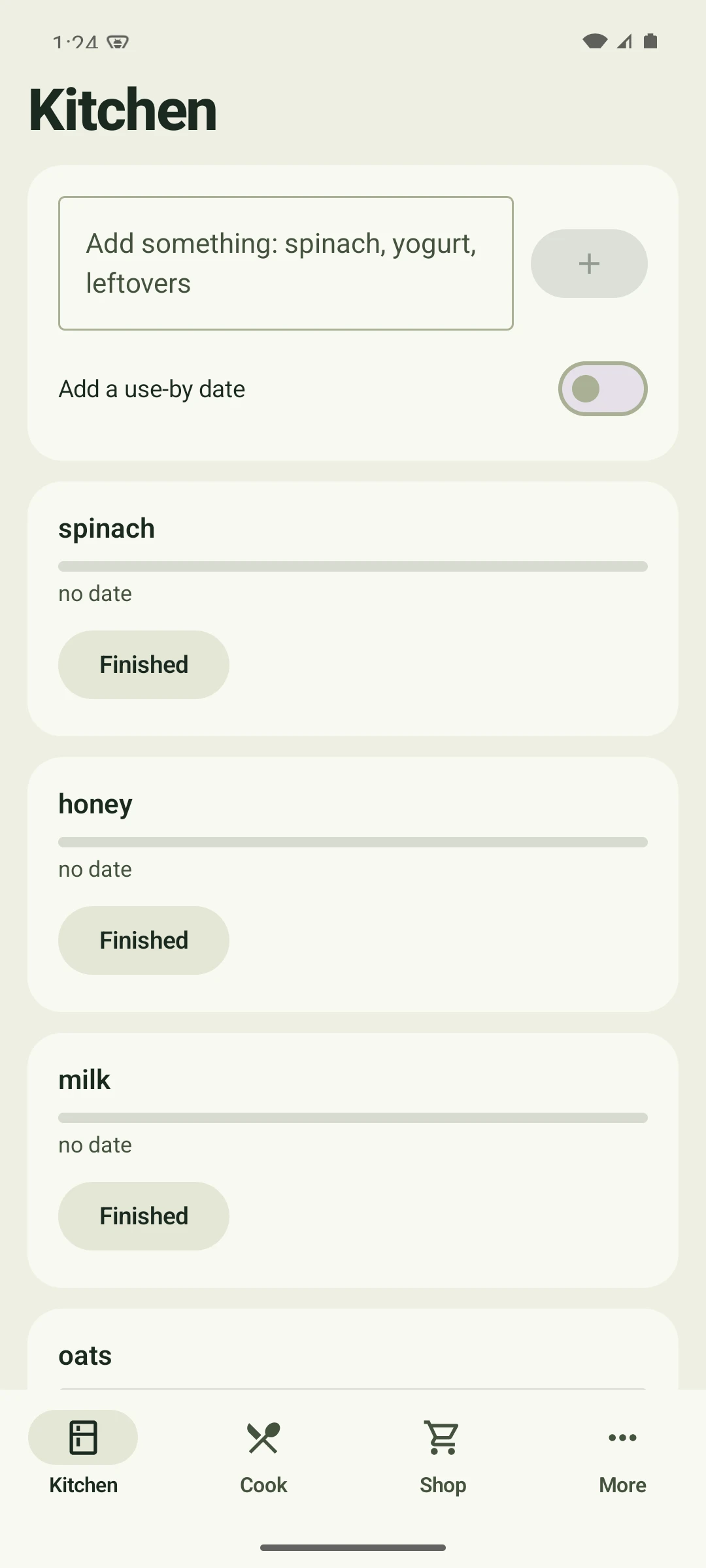 Kitchenry on Android: the Kitchen screen, listing what is in the house with an option to add a use-by date.