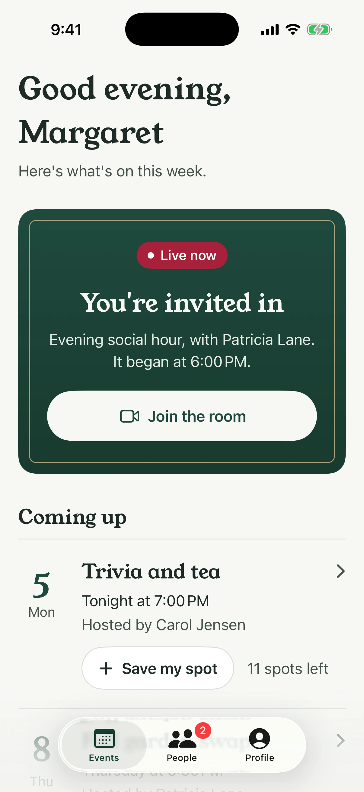 Link'd, our live get-togethers app, on iPhone: its Events tab (sample data).
