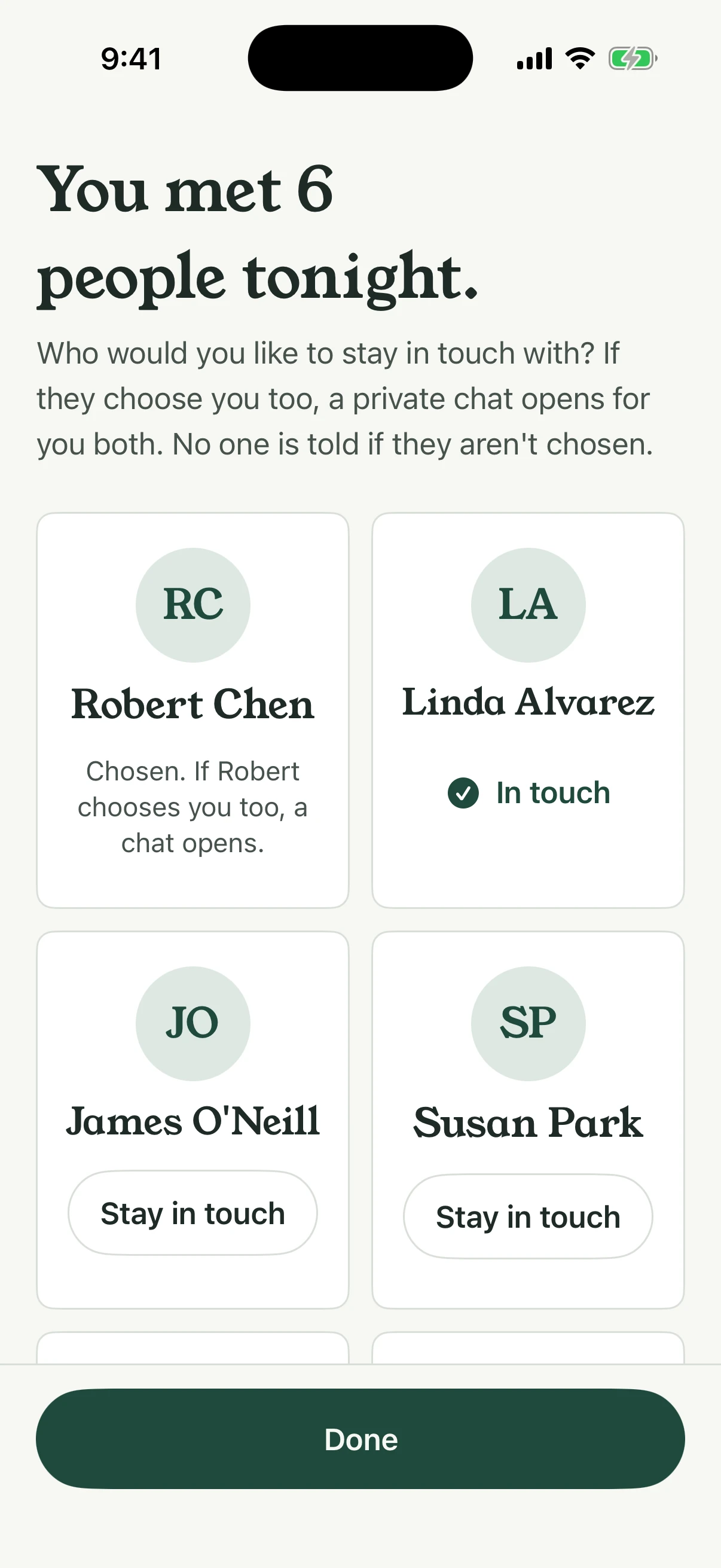 Link'd on iPhone: after a get-together, choosing who to stay in touch with from the people you met (sample data).